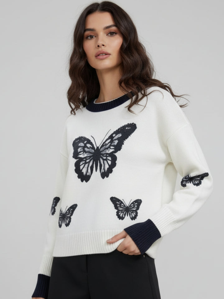 Cream Full Sleeve Contrast Neckline Printed Sweater