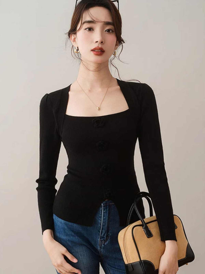 Black Full Sleeve Square Neck Flower Trim Top