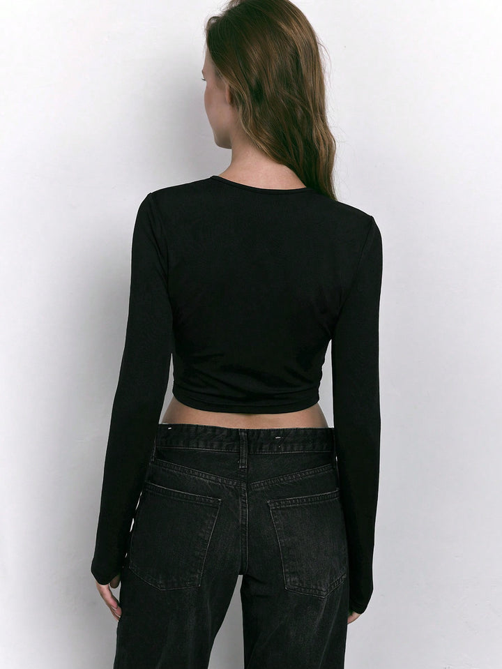 Black Full Sleeve Front Metal Buckle Top