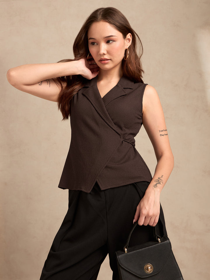Brown Sleeveless Blazer Top With Wrap Tie Up