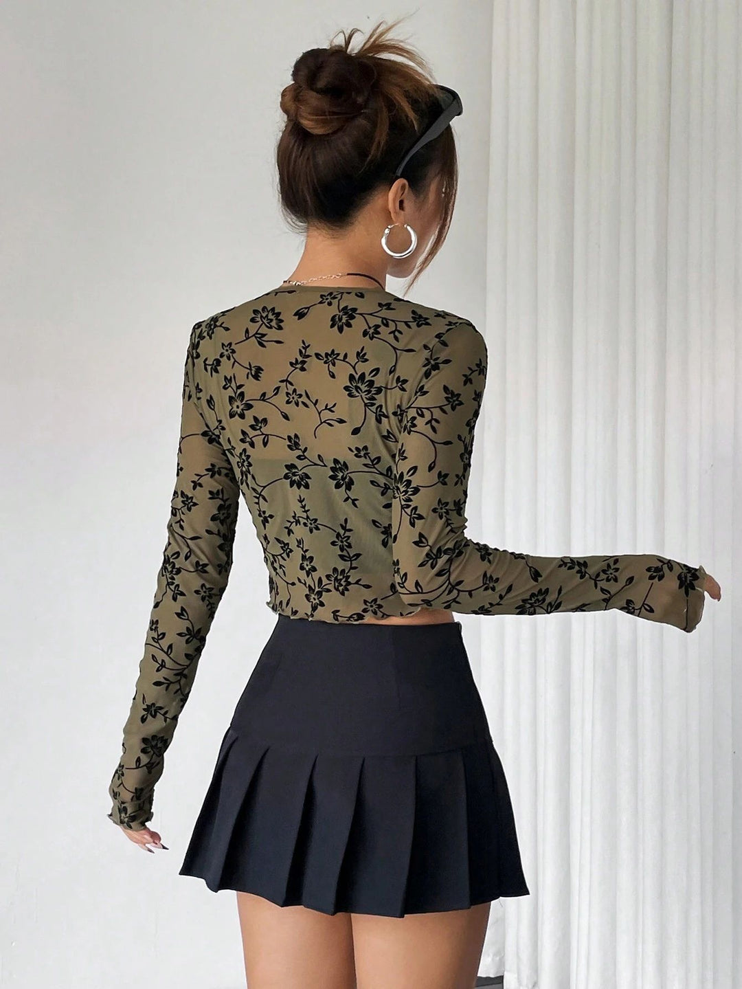 Olive Printed Full Sleeve Tie-Up Top