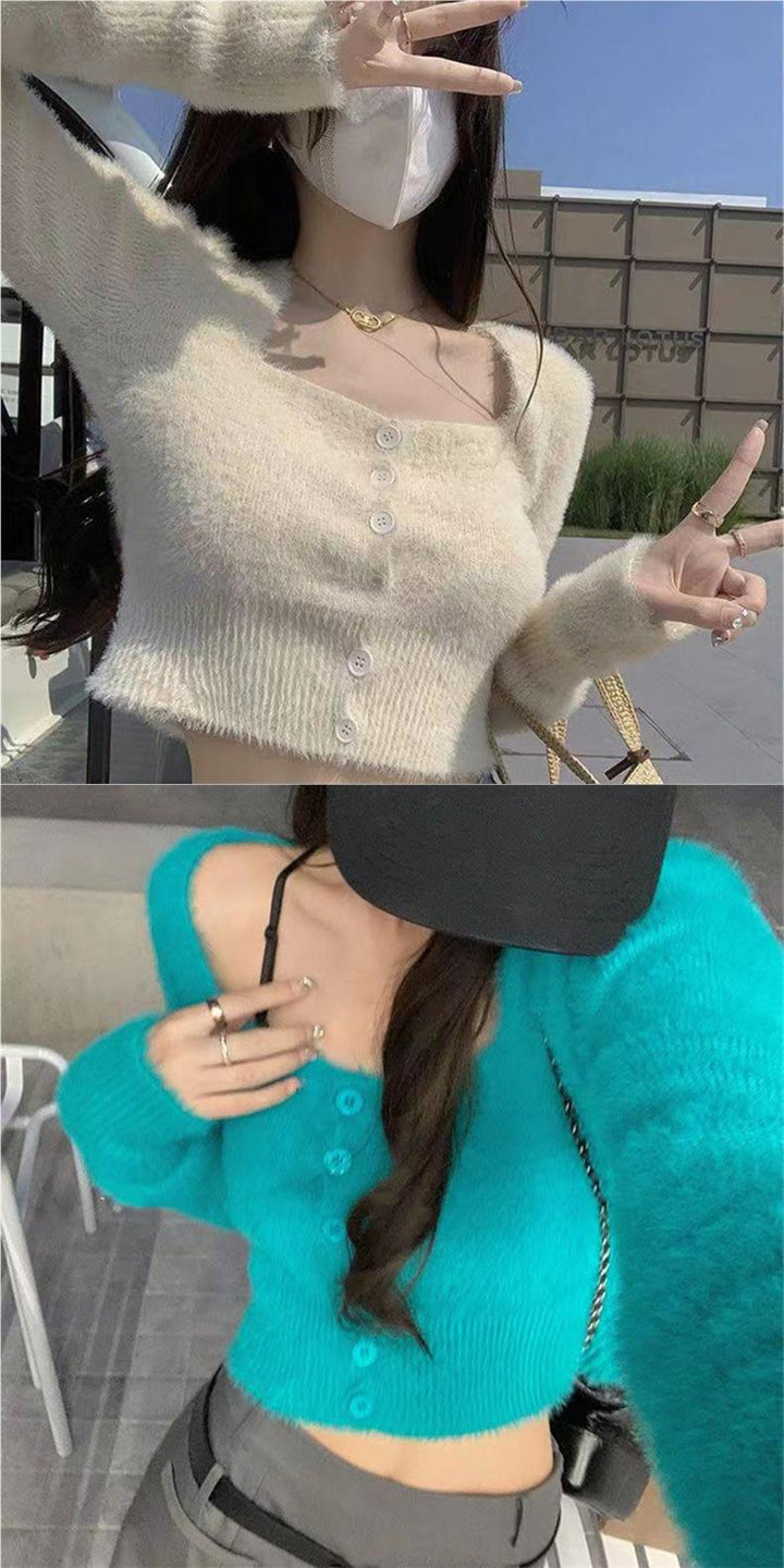 Blue Square Neck Fuzzy Top