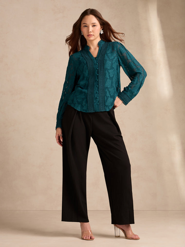 Teal Regular Fit Burnout Fabric Blouse With Lace Details