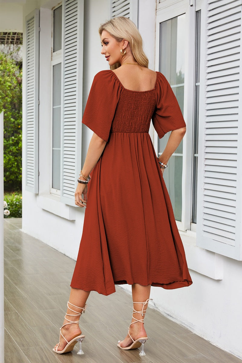 Red Flutter Sleeved Bow Detailed Neck Dress