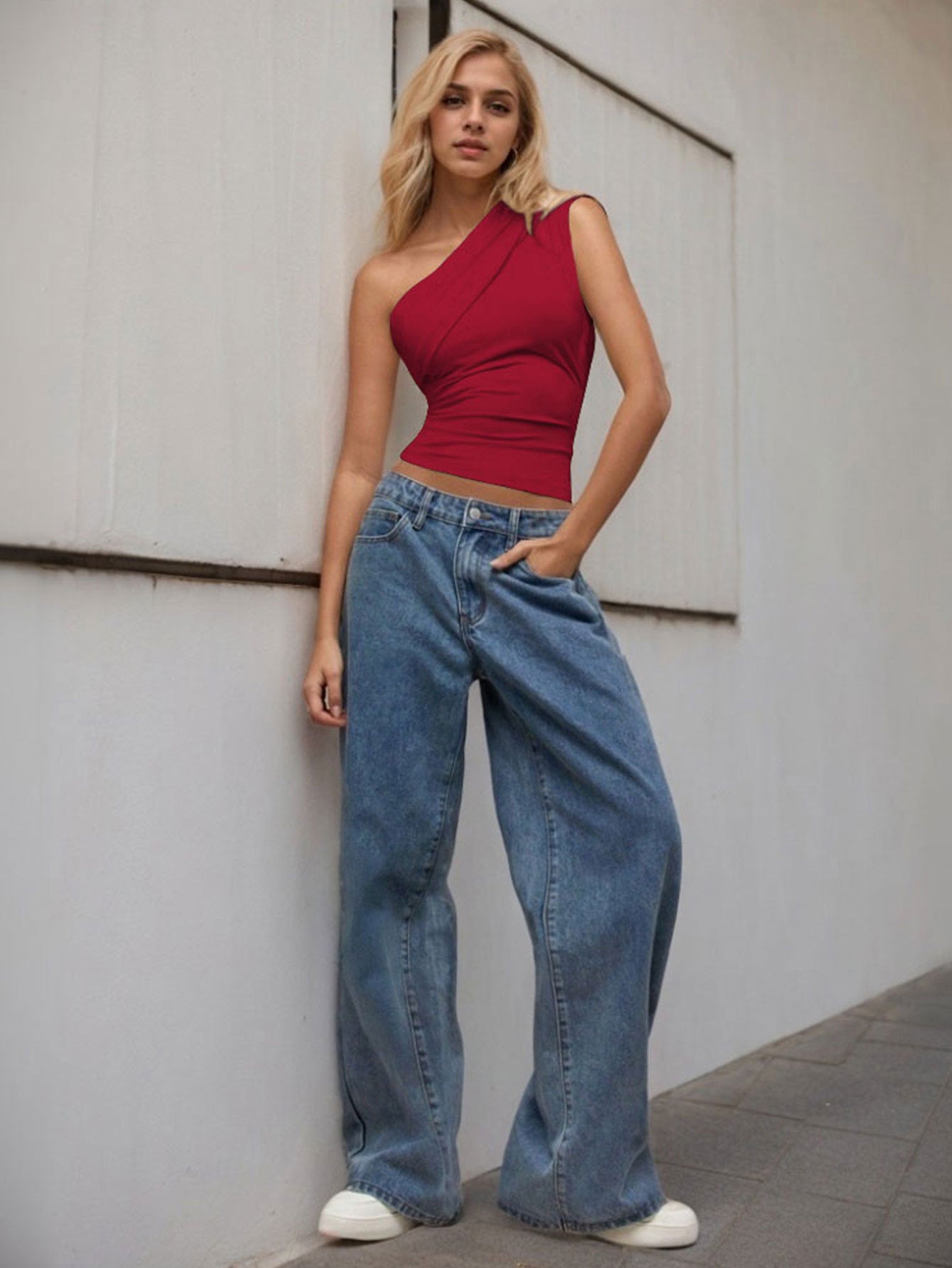 Red One Shoulder Asymmetrical Top