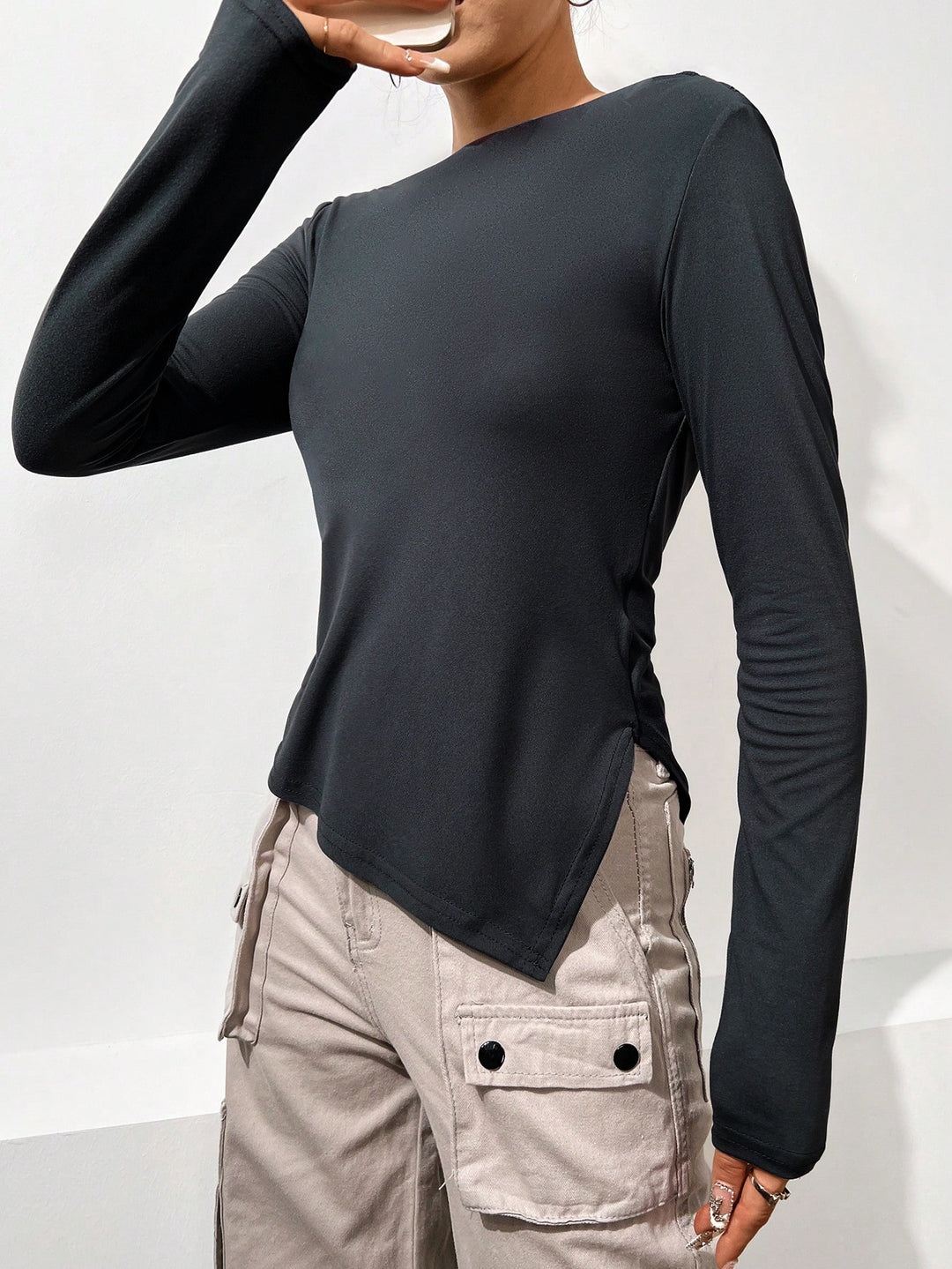 Grey Boat Neck Back Cowl Top