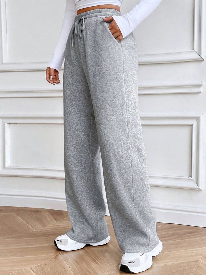 Grey Solid Basic Wide Leg Sweatpants