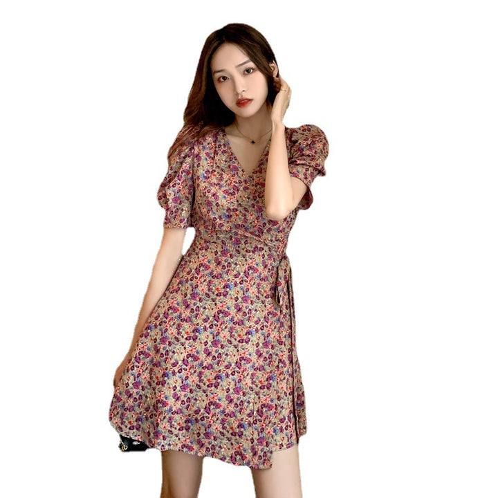 Purple Puff Sleeve Wrap Dress