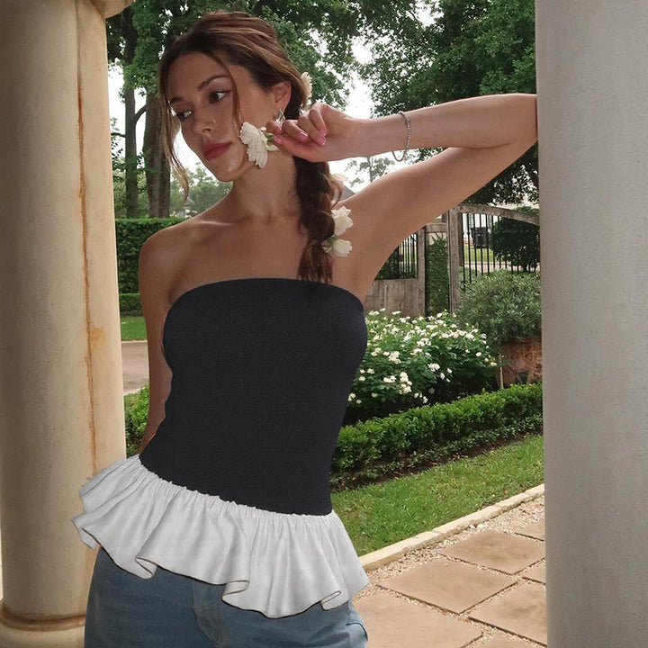 Black Strapless Top With Bubble Hem