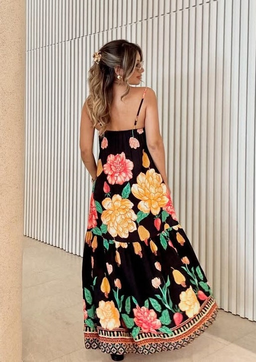 Navy Blue Spaghetti Strap Floral Printed Dress
