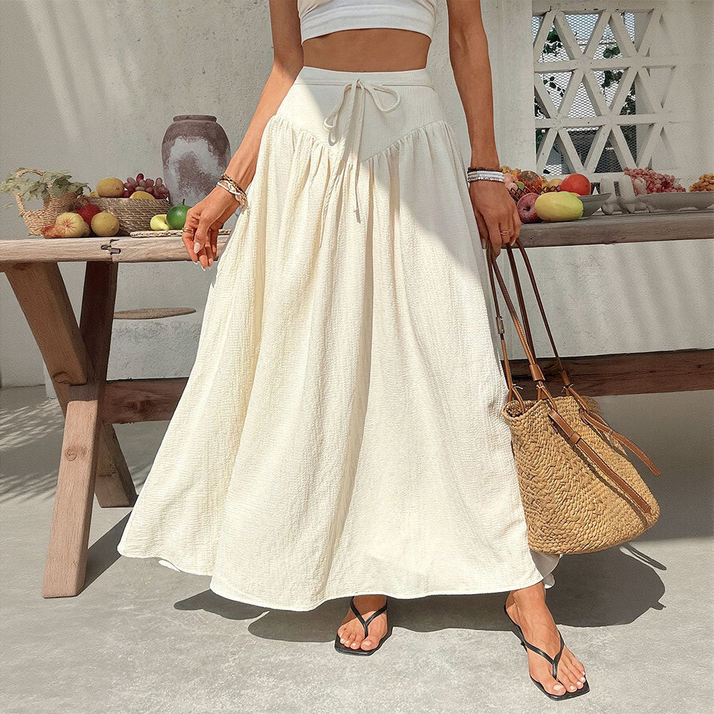 Cream Long High Waisted Flared Skirt