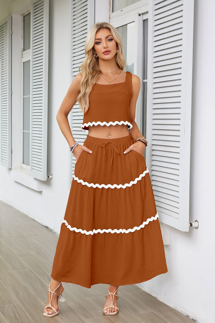 Tan Contrast Tipping Top And Skirt Co-Ord Set