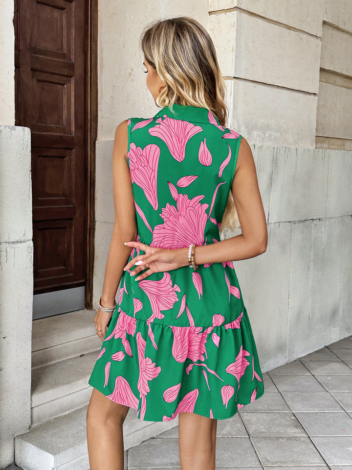 Green Printed Collared Front Buttoned Dress