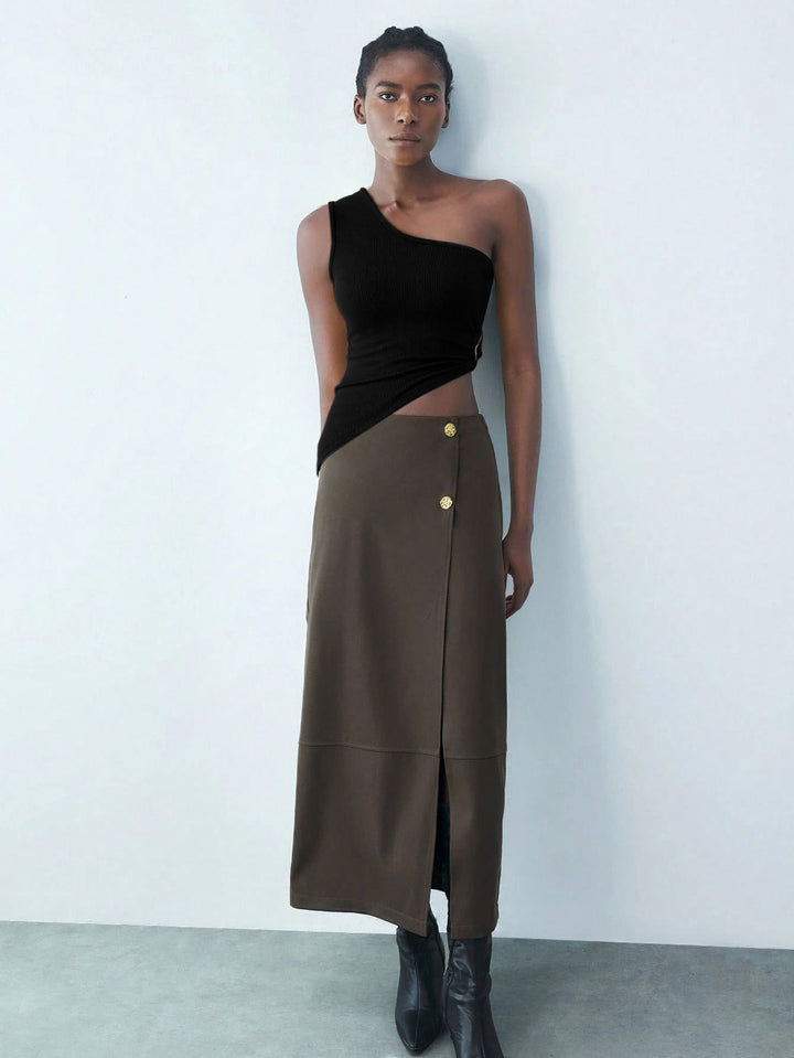 Black One Shoulder Buckle Attached Asymmetrical Top