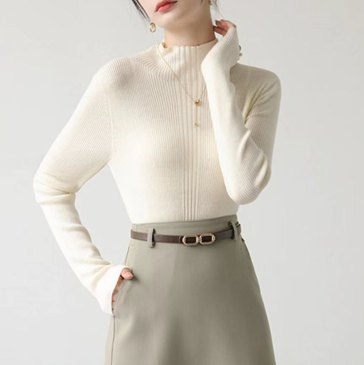 Cream Full Sleeve Mock Neck Fitted Sweater