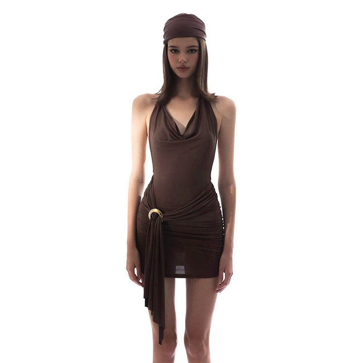 Brown Cowl Neck Wrap Fitted Dress