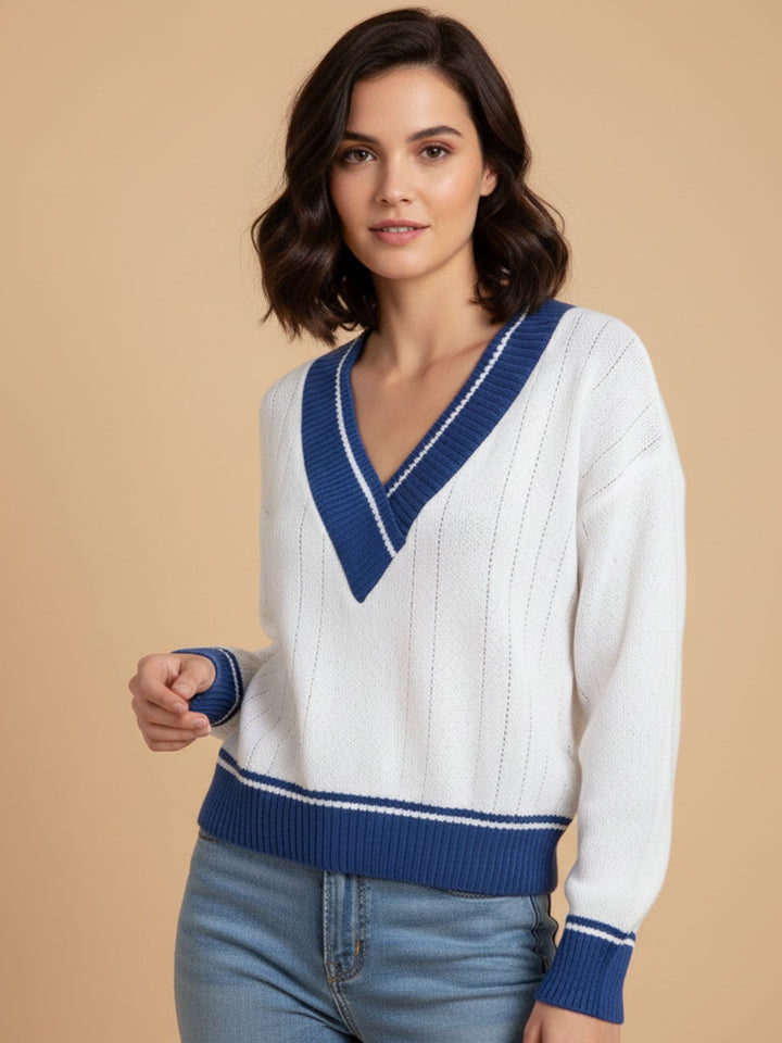 White Full Sleeve Contrast Sweater