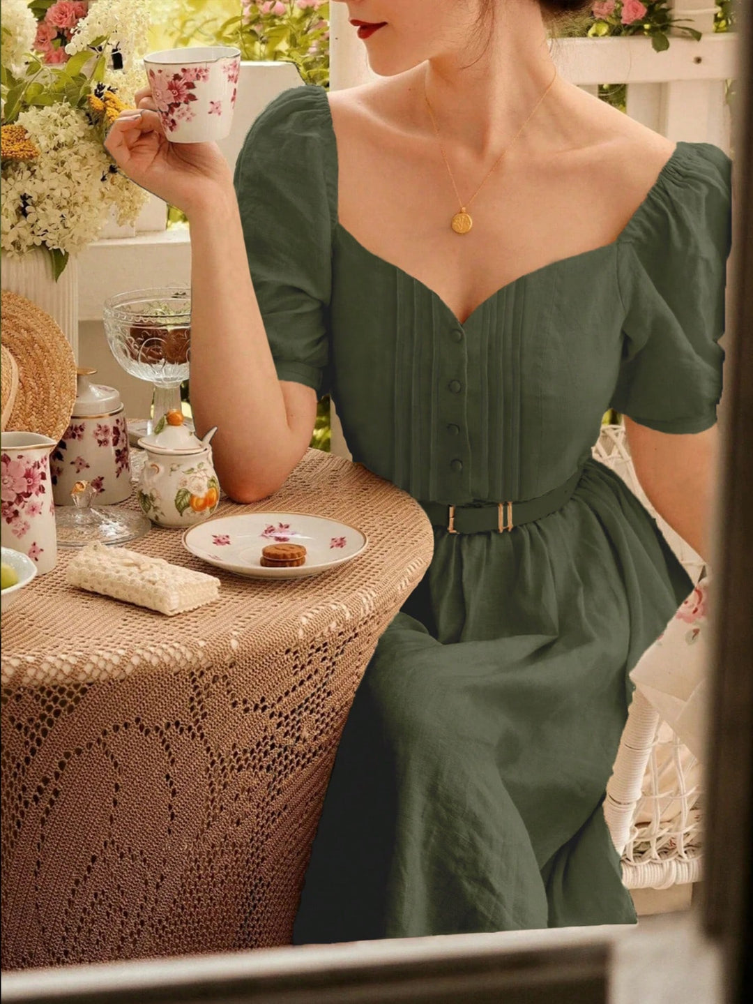 Olive Puff Sleeve Sweetheart Neck Dress