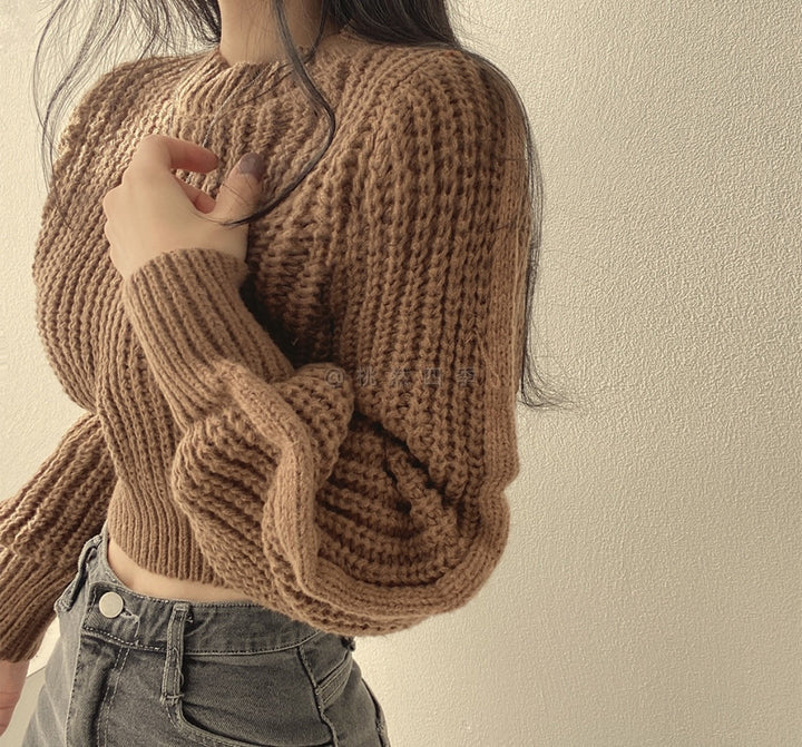 Brown Puff Sleeve High Neck Plain Chunky Sweater