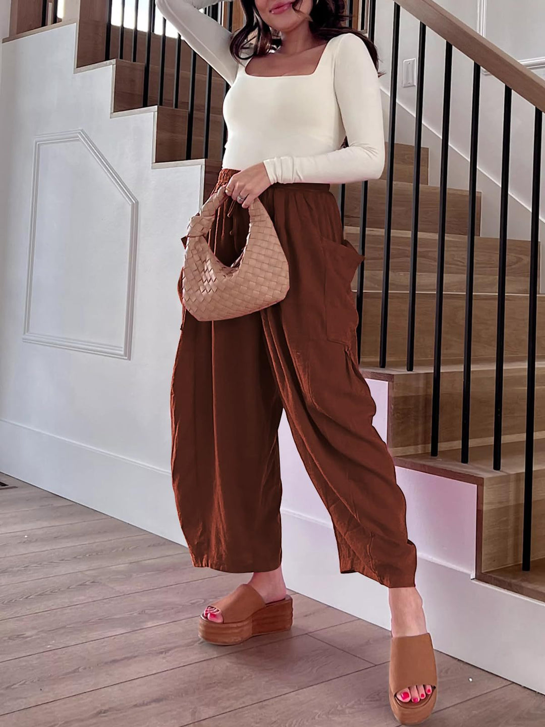 Brown Wide Leg Casual Cargo Pants