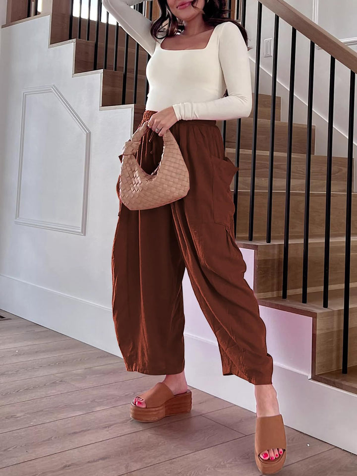 Brown Wide Leg Casual Cargo Pants