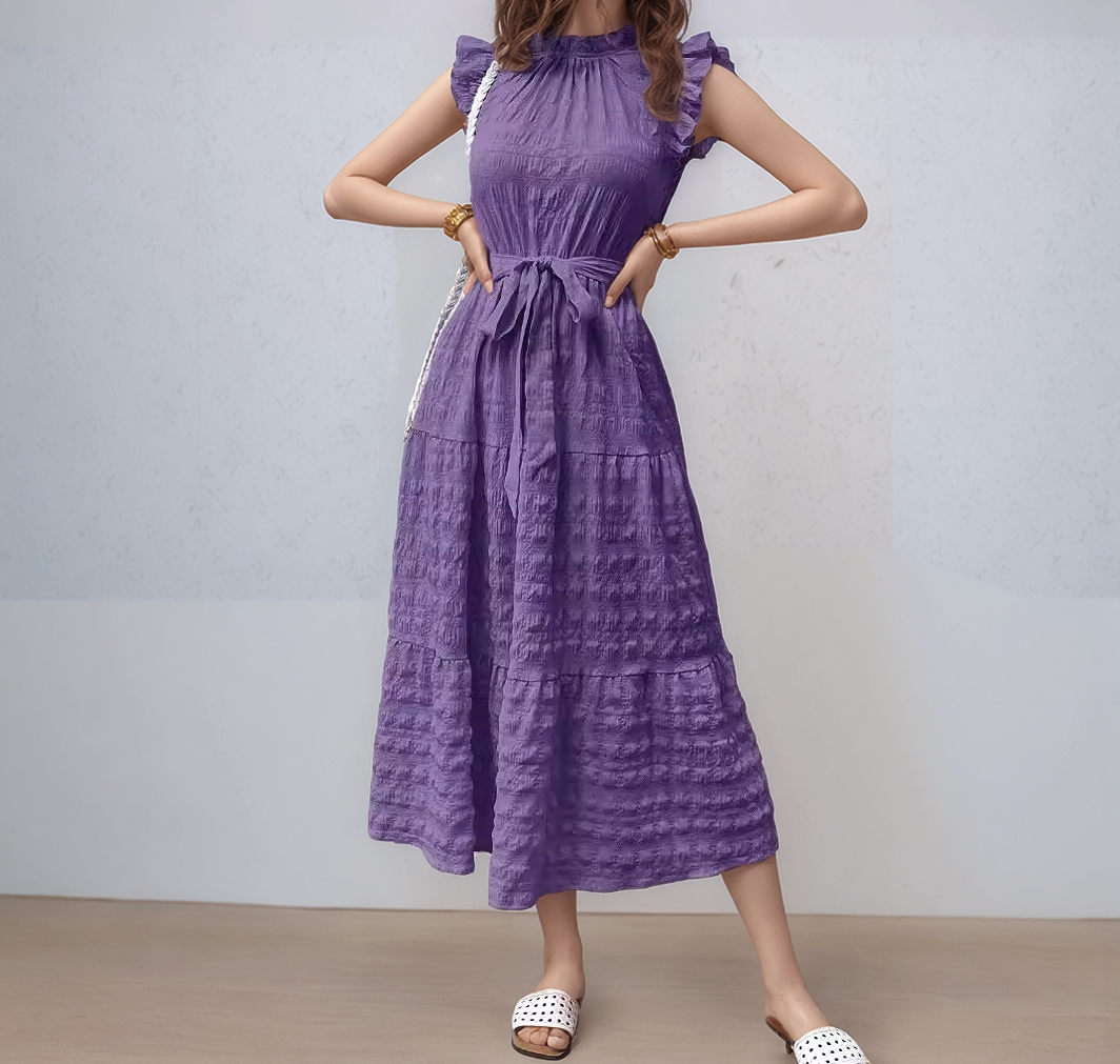 Purple Short Ruffle Sleeve Mock Neck Dress