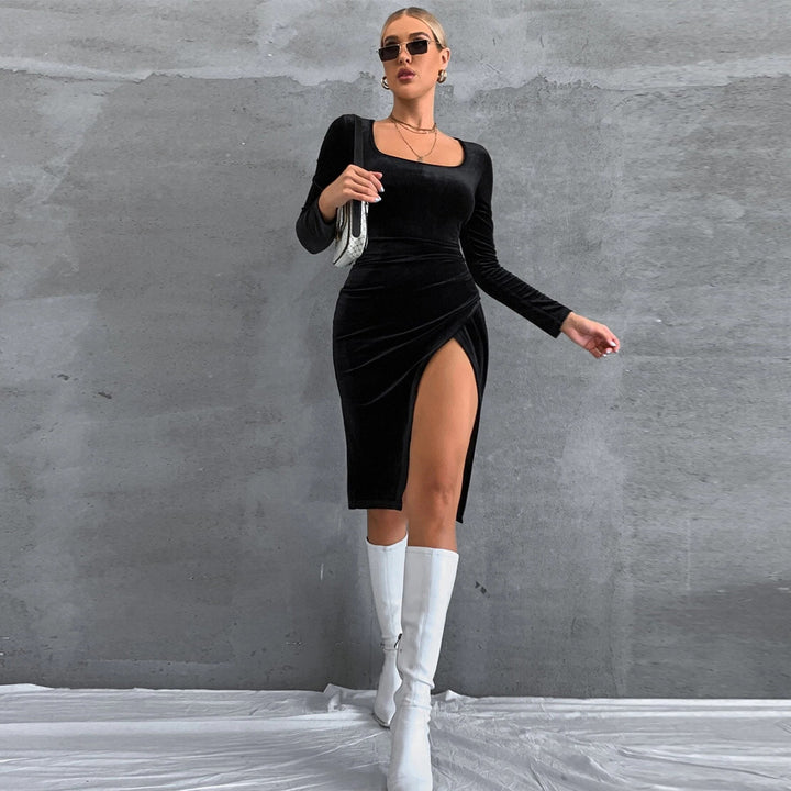Black Full Sleeved Square Neck Bodycon Dress