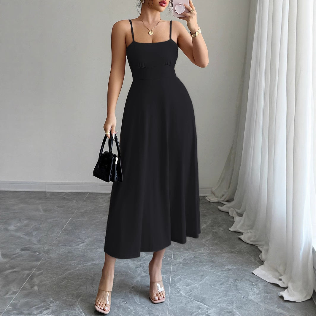 Black Strappy Solid Cinched Waist Dress