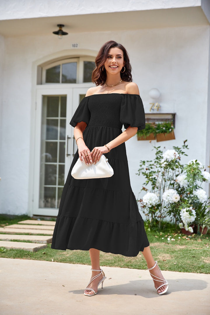 Black Square Neck Puff Sleeved Tiered Dress