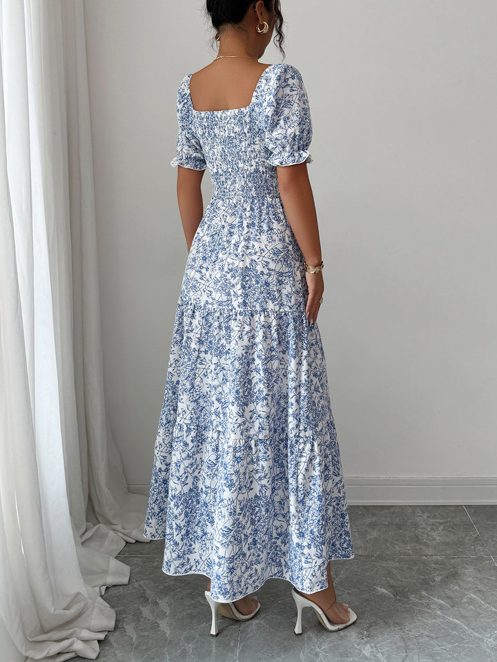 Blue Printed Round Neck Dress