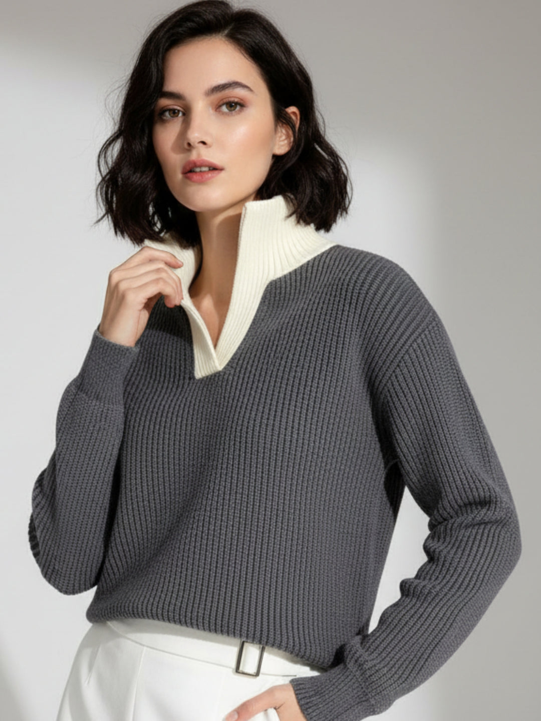 Grey Full Sleeve Contrast Collar Sweater