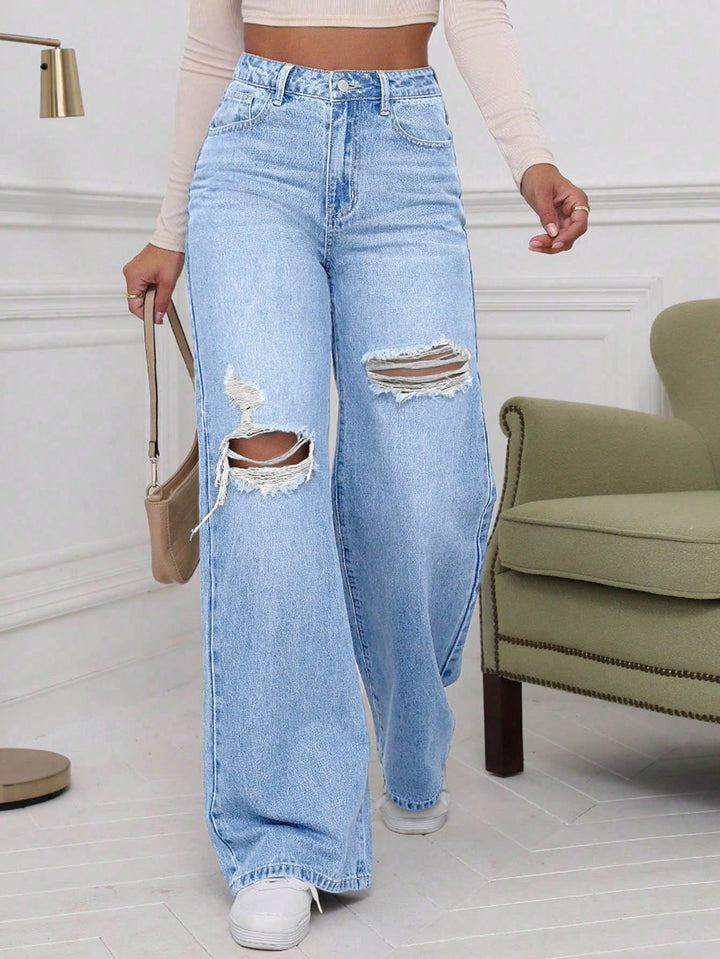 Light Blue Knee And Thigh Distressed Baggy Jeans
