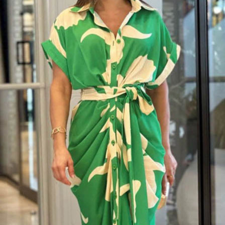 Green Printed Waist Tie Up Straight Fit Dress