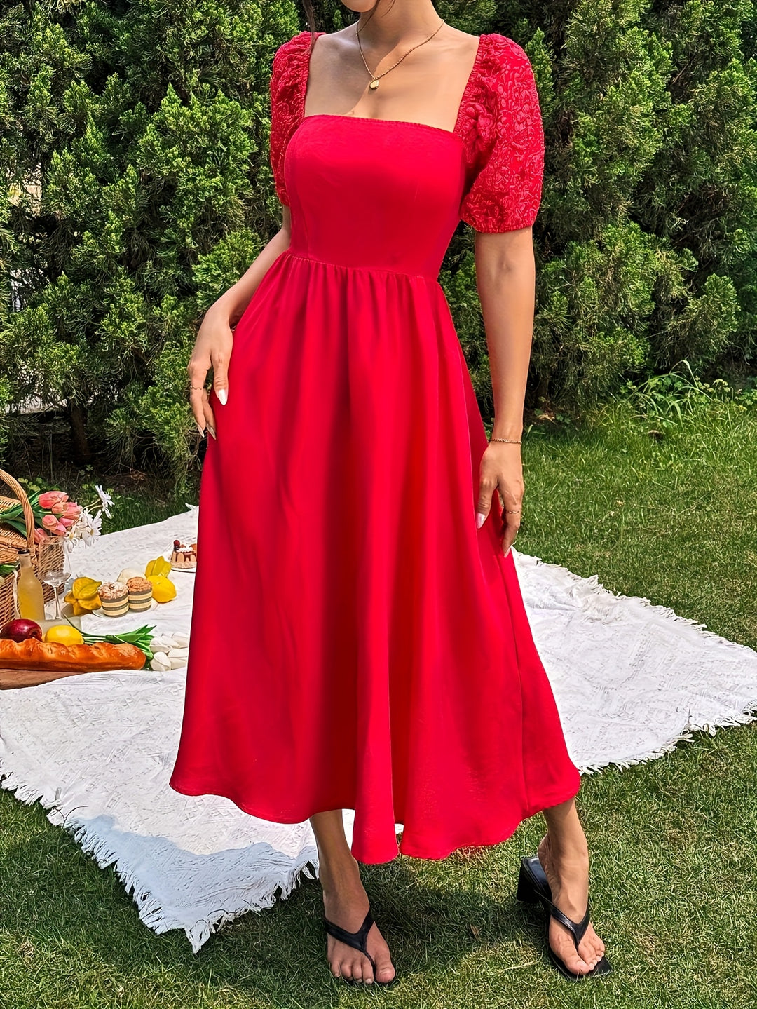 Red Midi Flared Dress With Jacquard Fabric At Sleeves