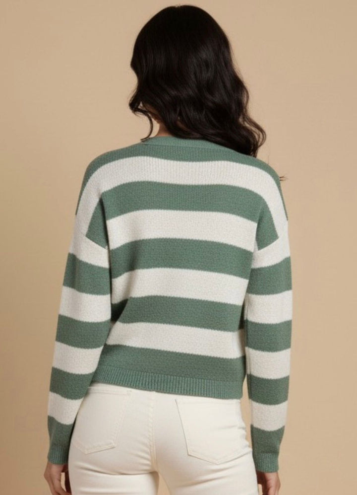 Green Striped Boxy Cardigan