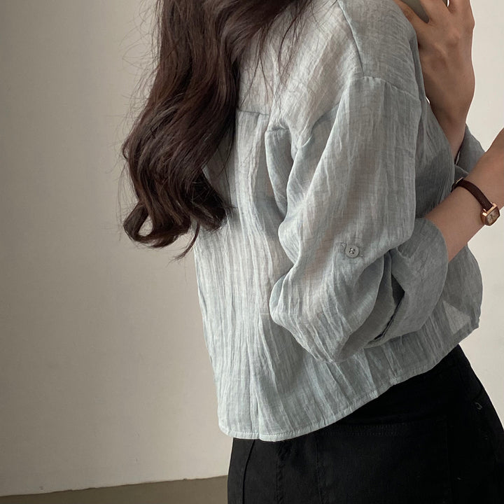 Grey Textured Solid Sheer Shirt