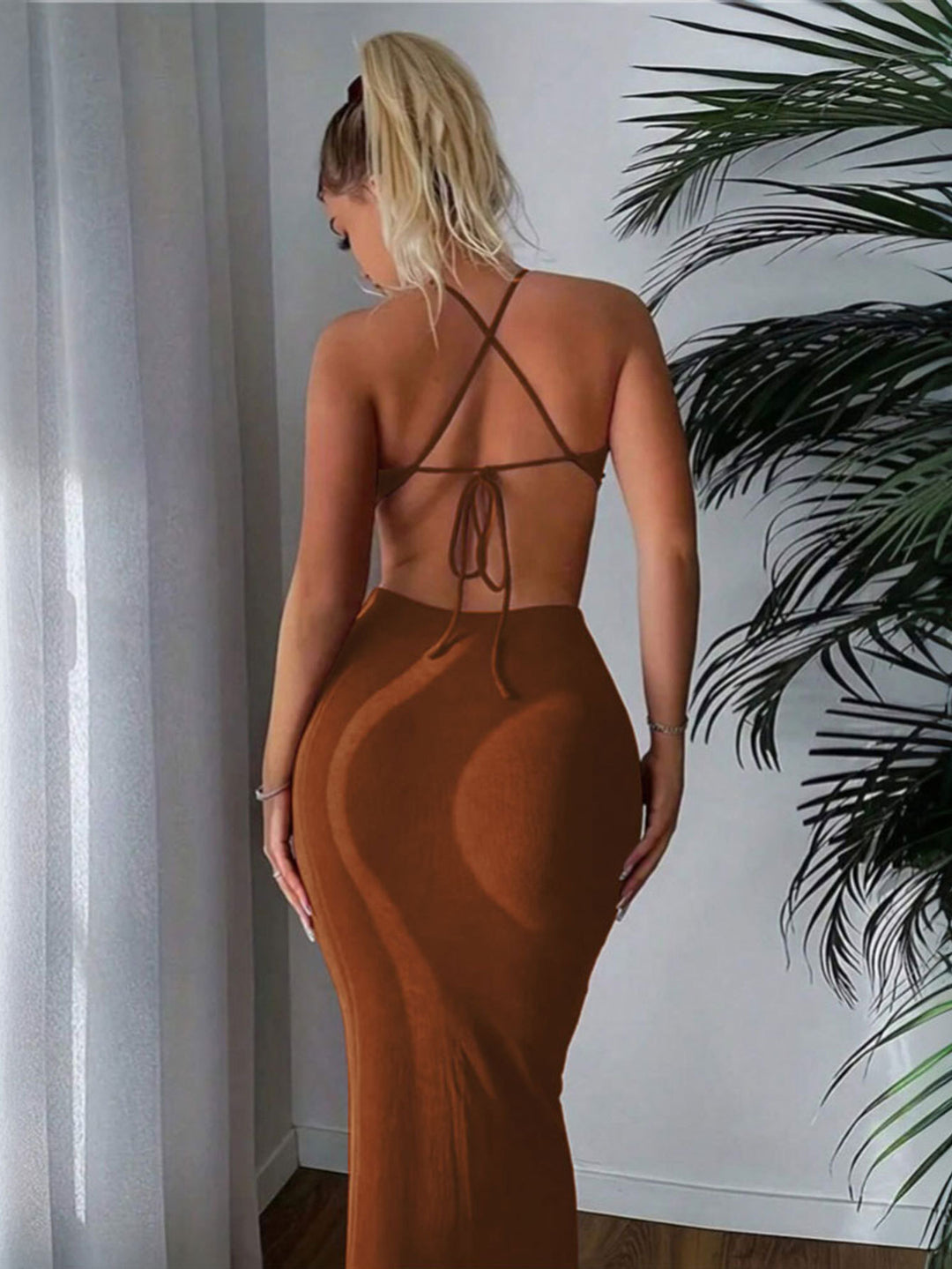 Brown Halter Neck Waist Detail Dress