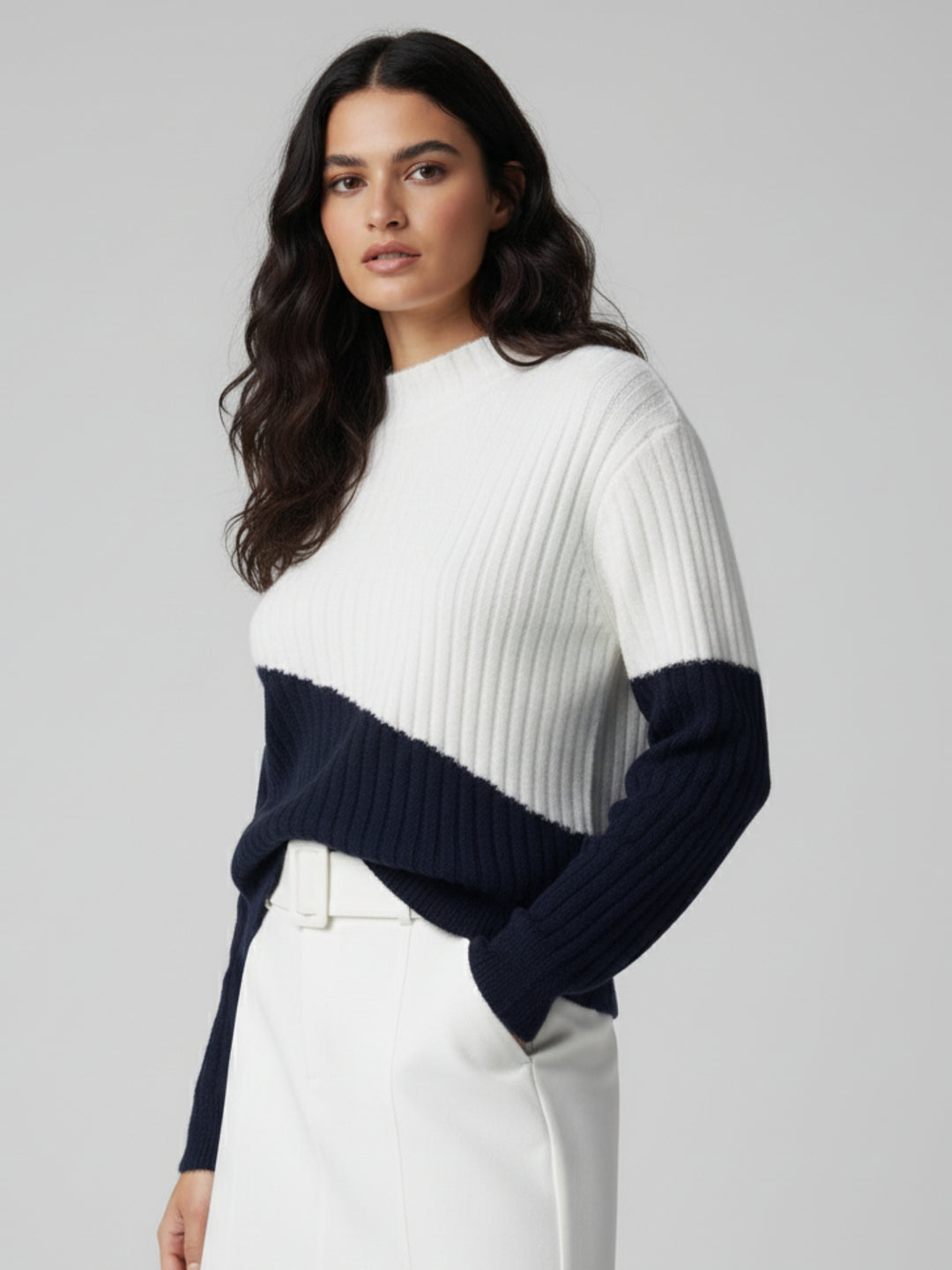 Navy Blue Dual Tone High Neck Sweater