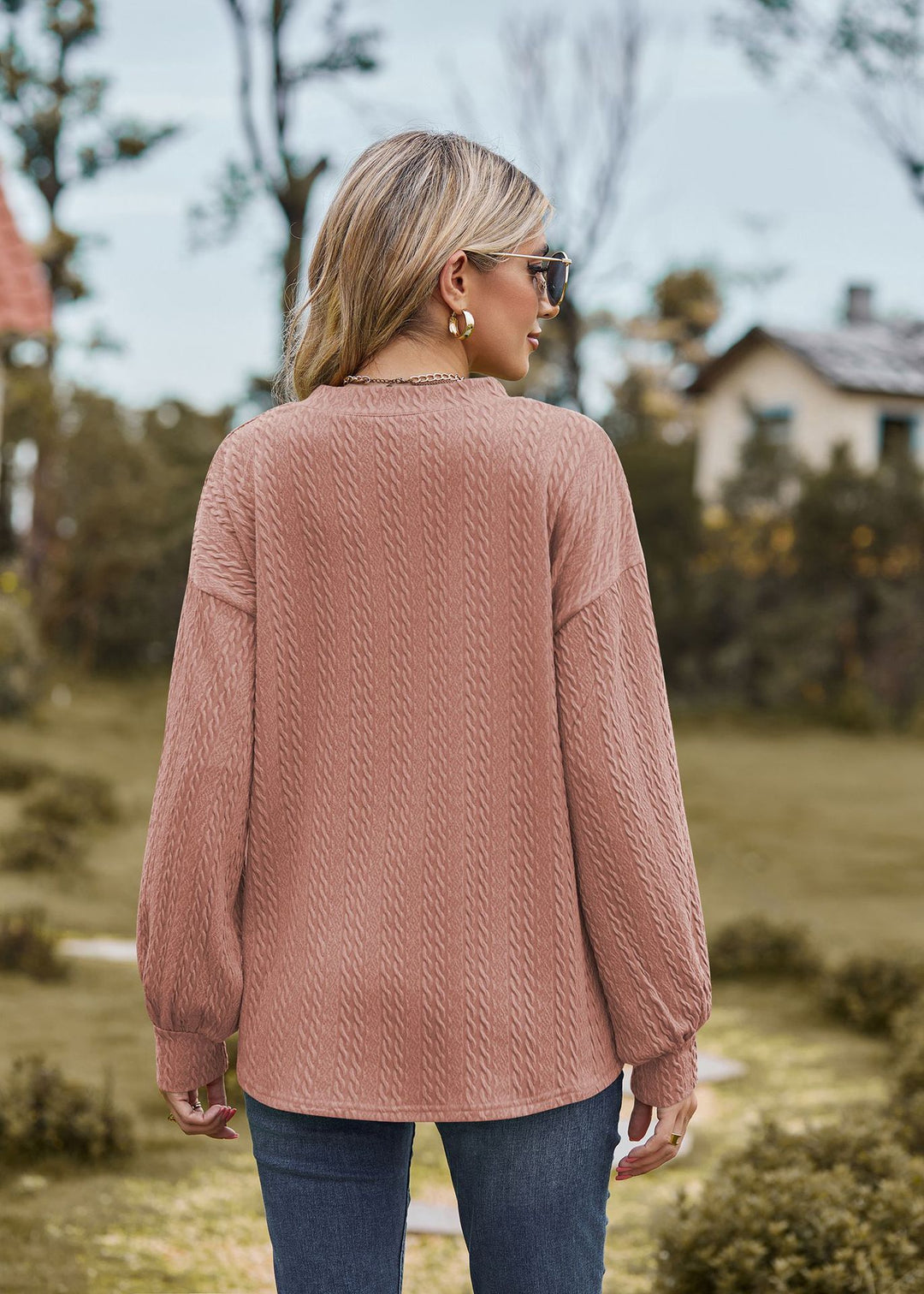 Nude Bishop Sleeve V Neck Sweatshirt