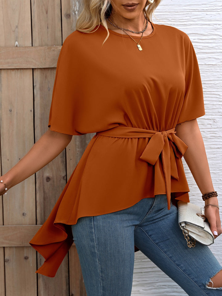 Orange Waist Cinched Asymmetrical Hem Top