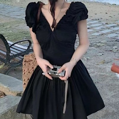 Black V Neck Fit And Flare Mini Dress