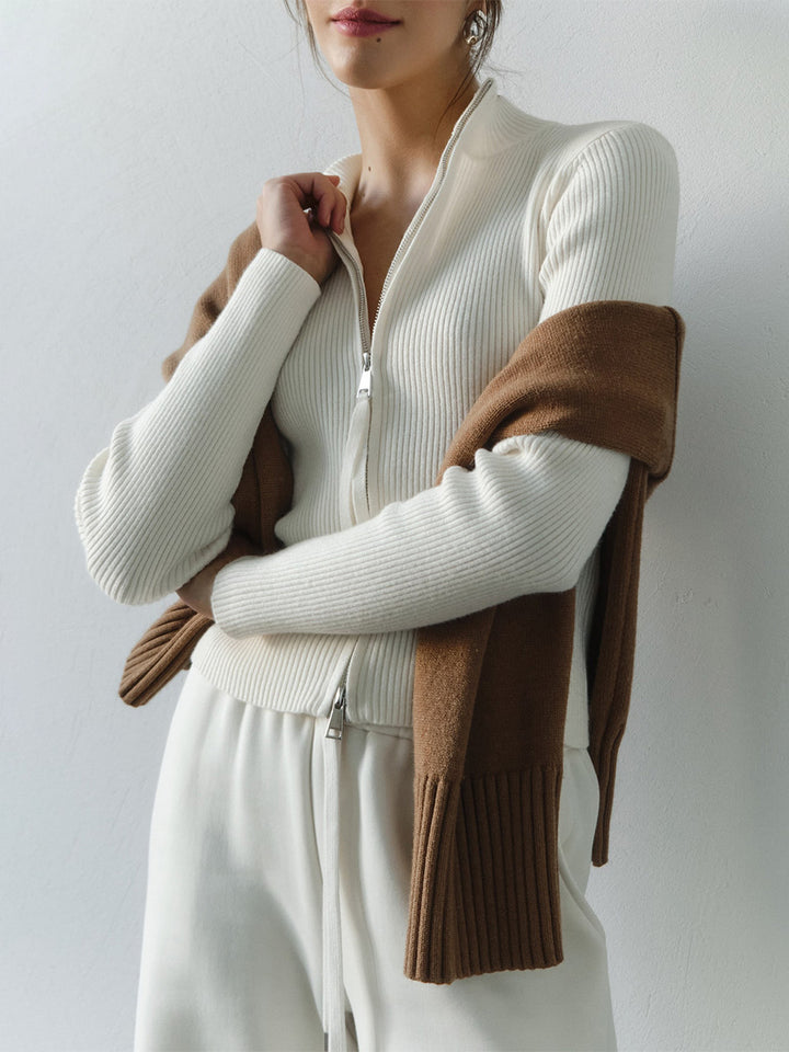 White Dual Zipper Solid Sweater
