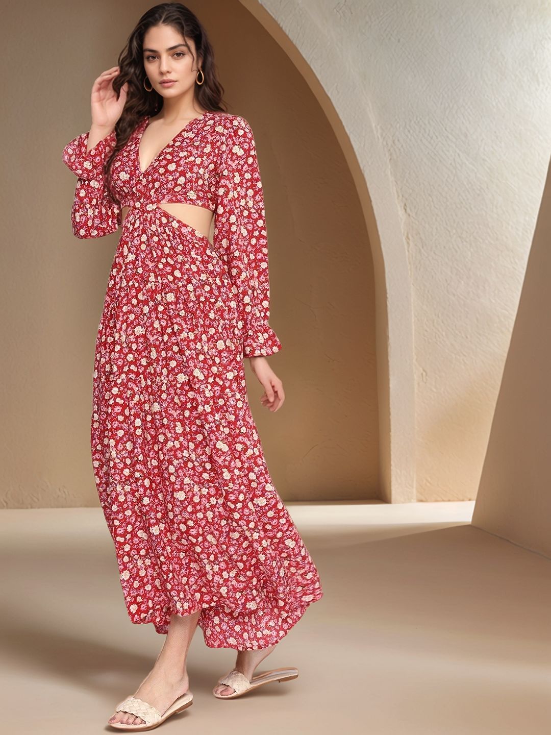 Red Full Sleeves Waist Cut-Out Printed Dress