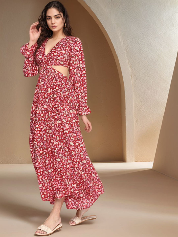 Red Full Sleeves Waist Cut-Out Printed Dress
