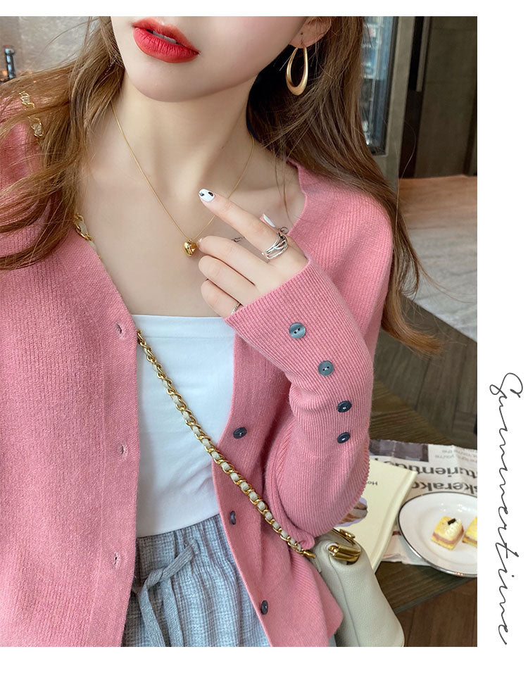 Pink Full Sleeve V Neck Buttoned Cardigan