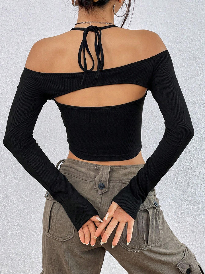Black Halter Cold Shoulder Top