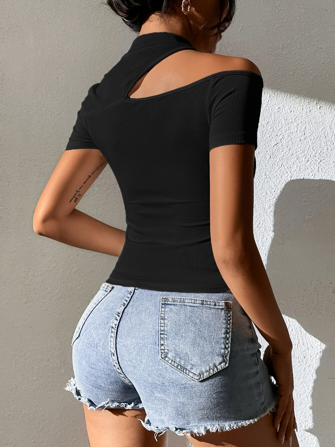 Black Short Sleeve Cut-Out Detail Top