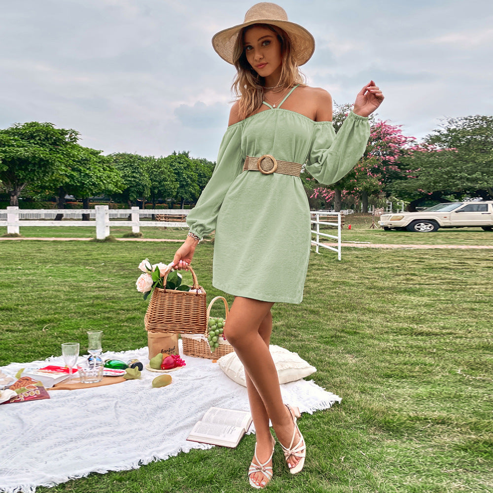 Green Cold Shoulder Bishop Sleeve Dress