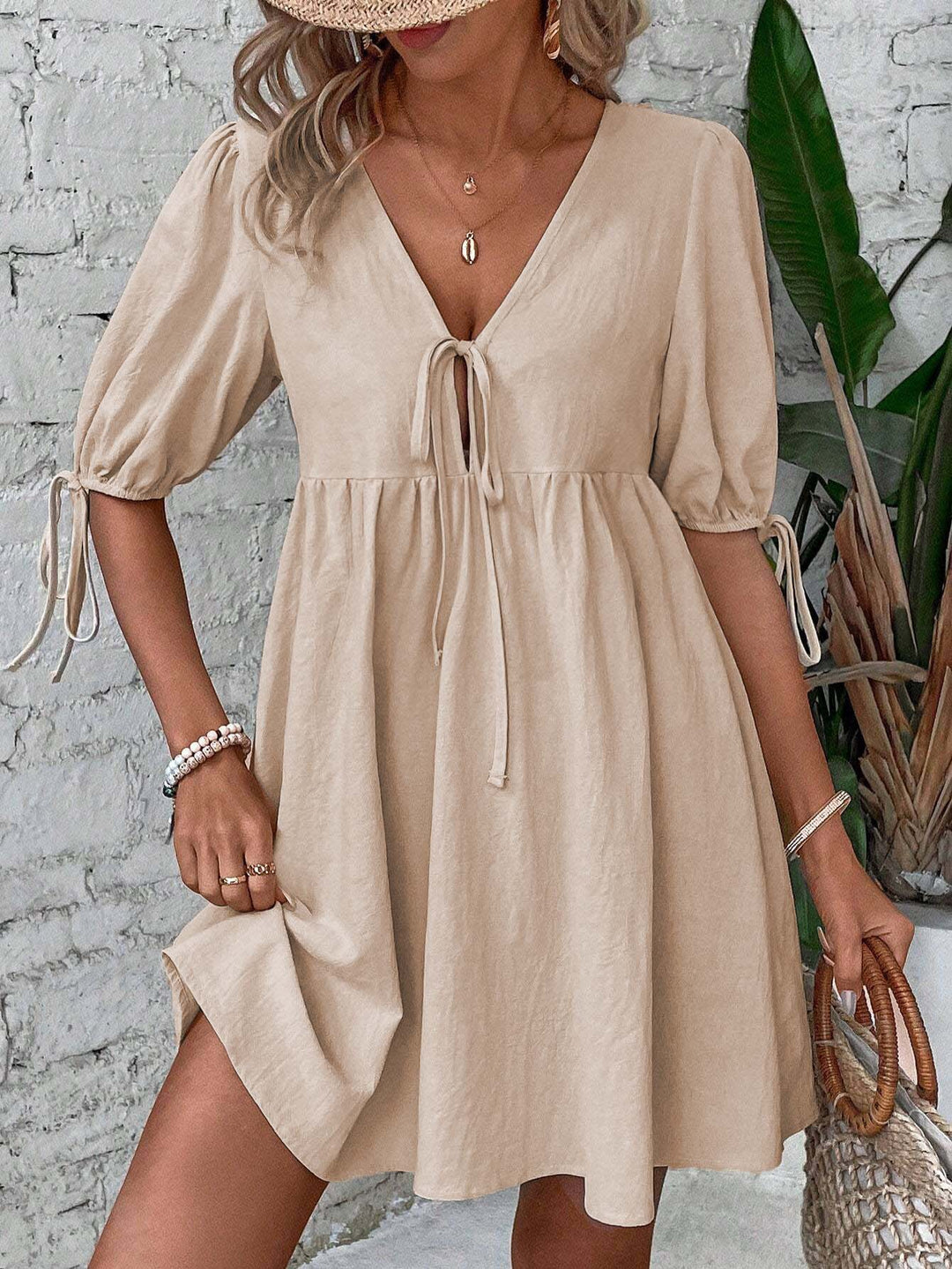 Khaki Front Tie Up Dress