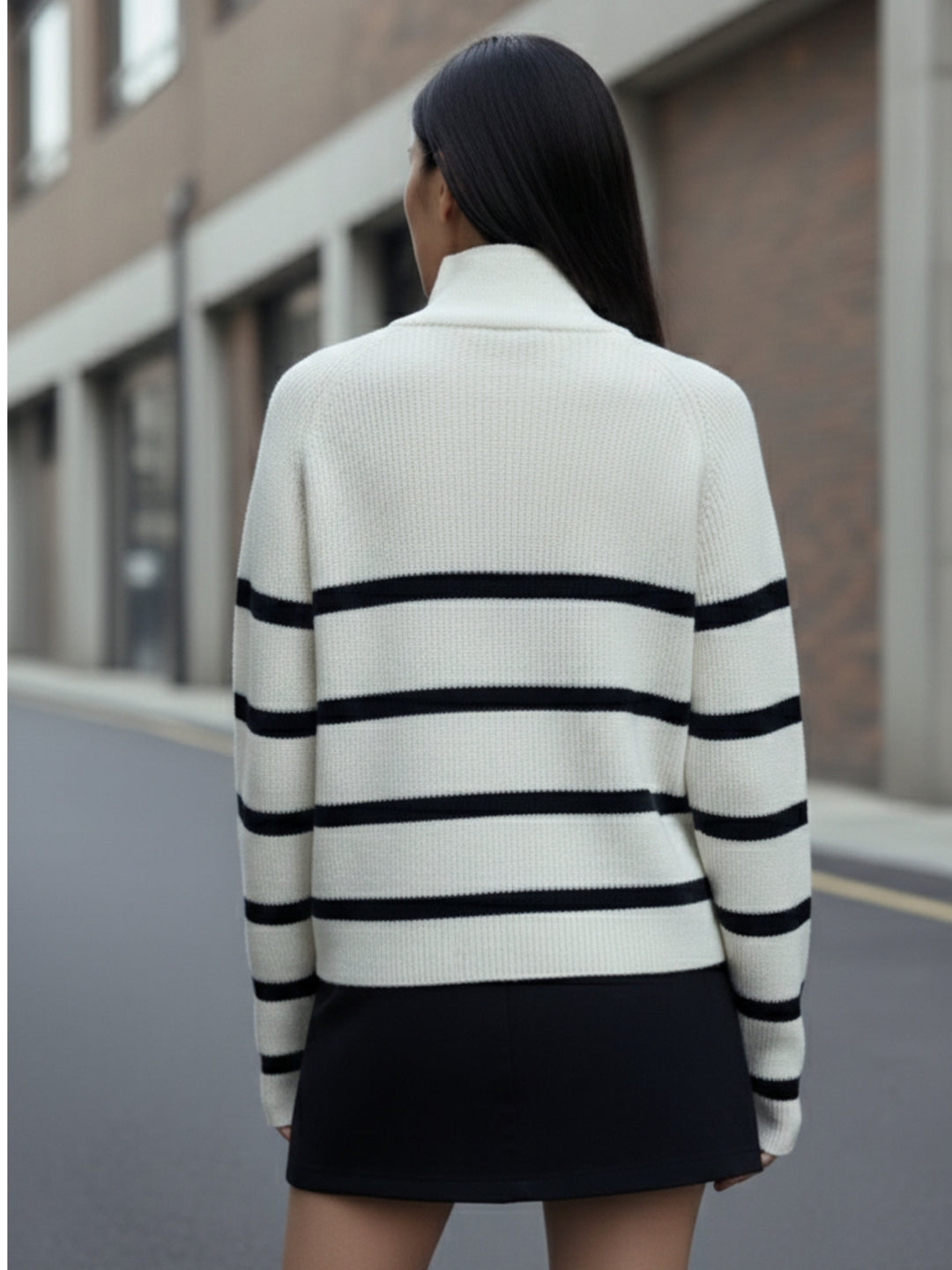 Cream Full Sleeve Striped Half Zip Sweater